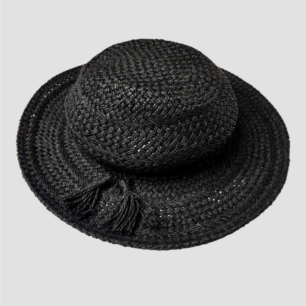 Anthropologie Black Woven Tassel Fedora Hat Paper Straw Wide Brim 100% Paper OS